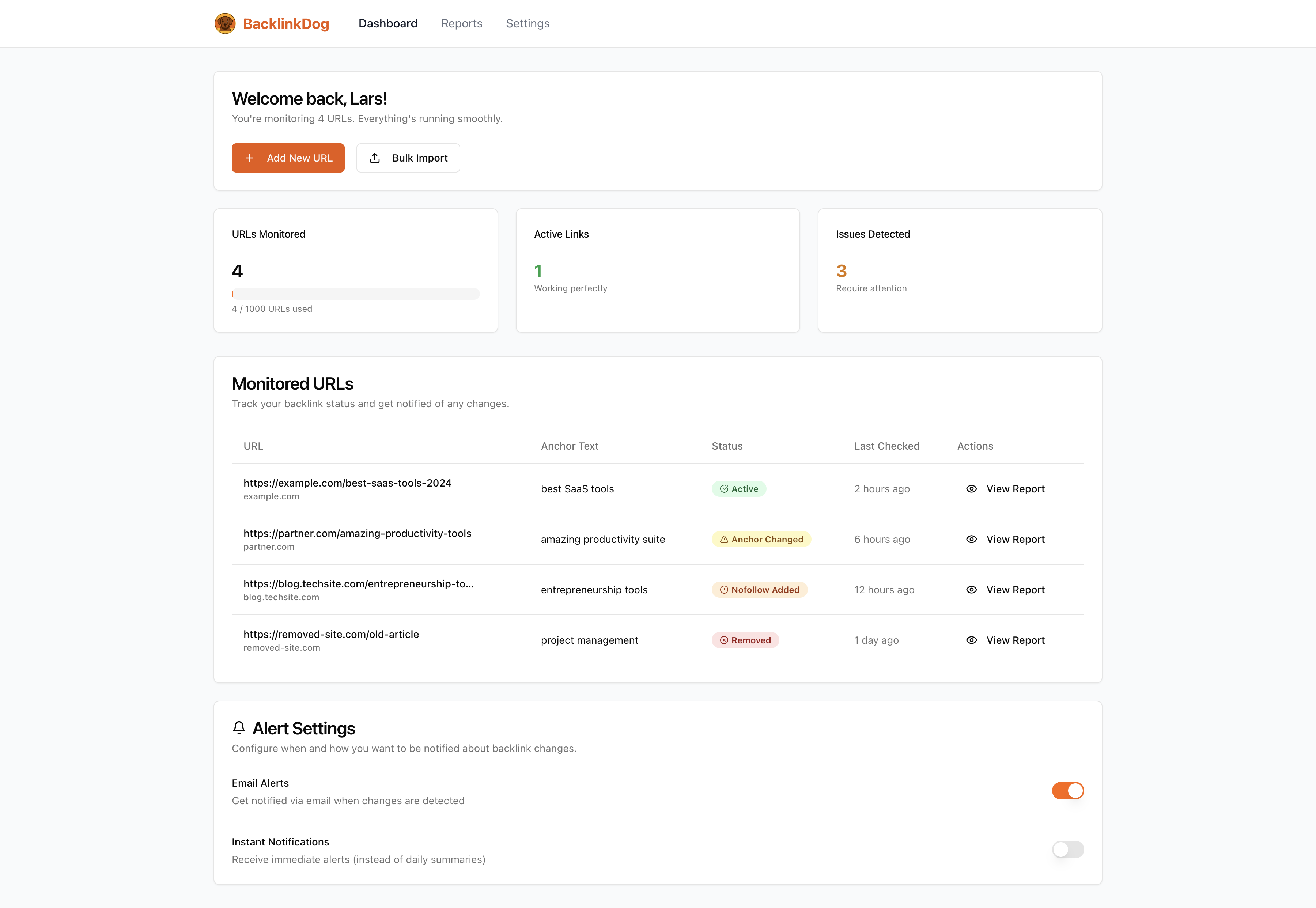 Backlink monitoring dashboard showing various metrics and alerts