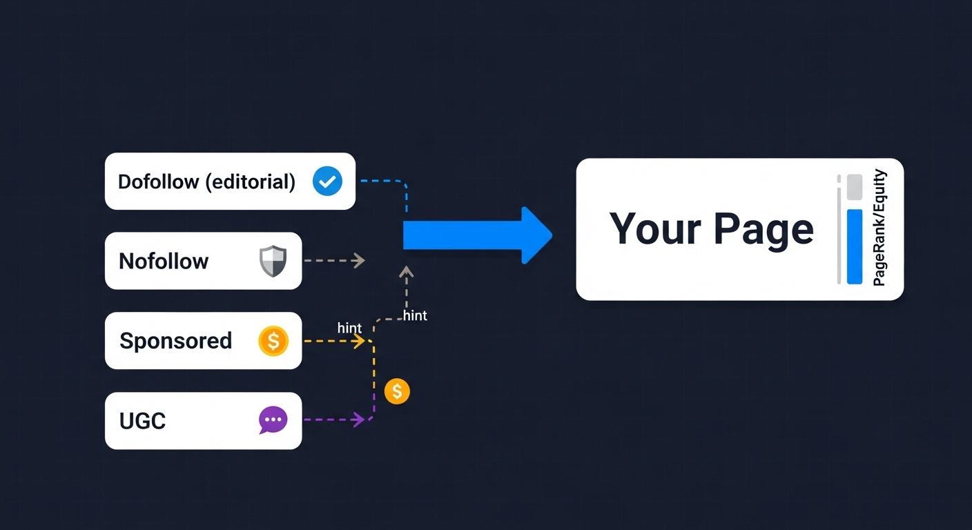 Diagram comparing dofollow vs. nofollow links and how link equity flows
