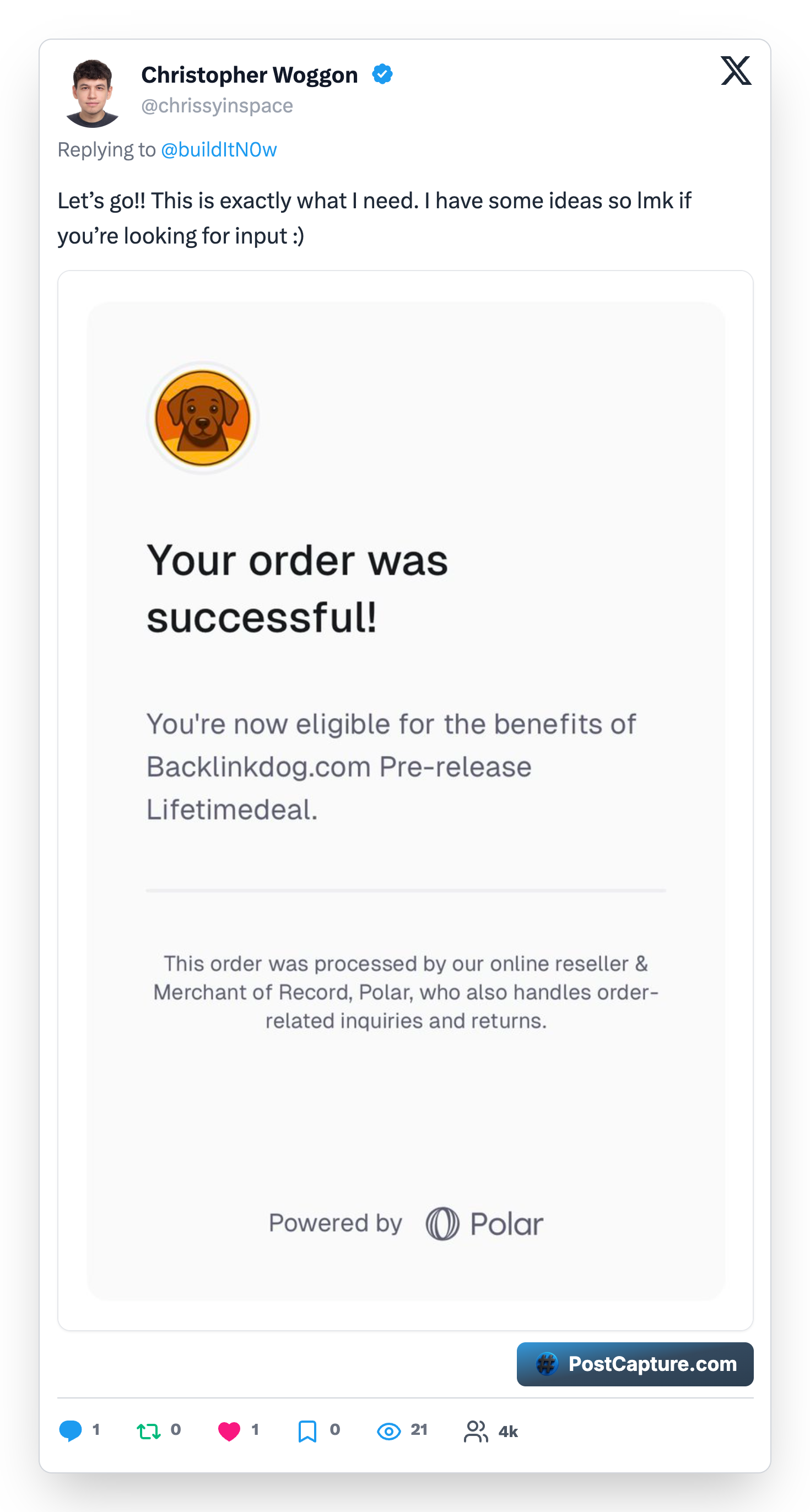 Christopher from tinylaun.ch successfully purchased BacklinkDog pre-launch deal